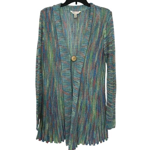 Krazy Kat Pastel Aqua Open Knit Pleated Longline Wood Button Artsy Cardigan Lrg - Picture 1 of 14